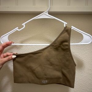 SET Active Brown Ribbed One-Shoulder Top